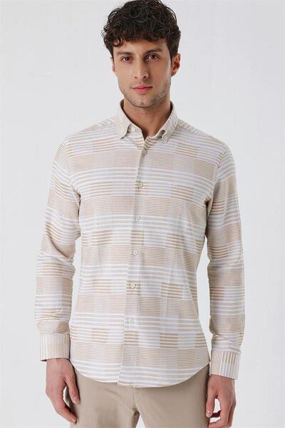 İmza Camel μακρυμάνικο ριγέ πουκάμισο χωρίς τσέπες 100% βαμβακερό κλασικό πουκάμισο με λεπτή εφαρμογή 1004230164