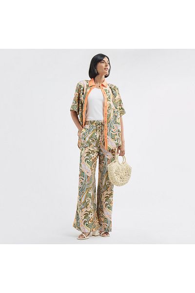 FAV All-Over Paisley Print Wide Leg Pants with Drawstring Closure and Pockets