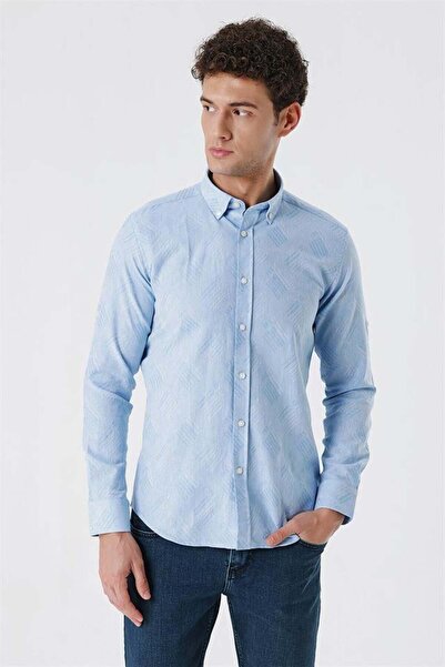 İmza Koyu Mavi Kısalabilir Kollu Desenli JakarlıCepsiz %100 Pamuk Casual Slim Fit Gömlek 1004230182