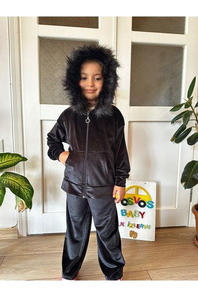 VOSVOSBABYSTORE SİYAH KÜRK DETAYLI KAPÜŞONLU EŞOFMAN TAKIMI