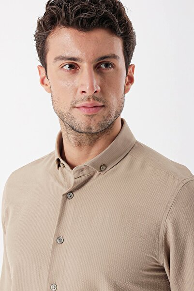 İmza Bej Uzun Kollu Çizgili Gofreli Cepsiz Klasik Slim Fit Dar Kesim Gömlek 1004230233
