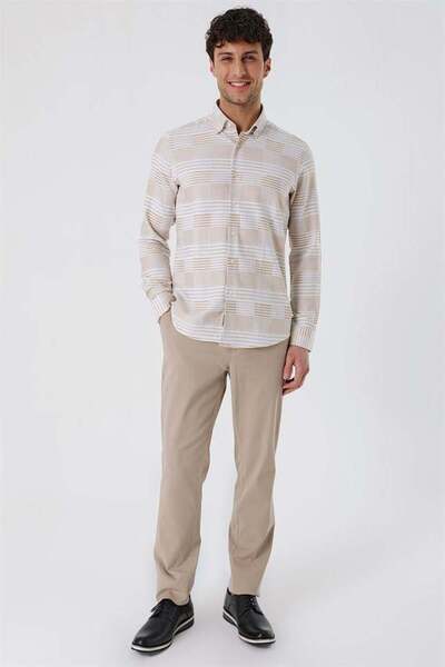 İmza Camel μακρυμάνικο ριγέ πουκάμισο χωρίς τσέπες 100% βαμβακερό κλασικό πουκάμισο με λεπτή εφαρμογή 1004230164