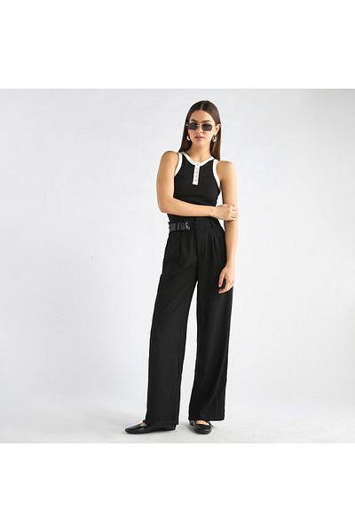 FAV Solid Belted Wide Leg Trousers with Pockets