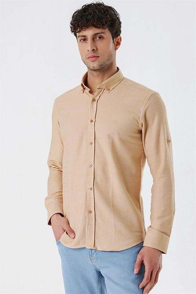 İmza Cămașă slim fit, 100% bumbac, în gabardină, bej, cu mâneci scurte, fără buzunar1004230180