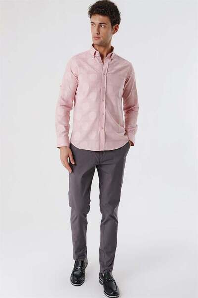 İmza Pudra Kısalabilir Kollu Desenli JakarlıCepsiz %100 Pamuk Casual Slim Fit Gömlek 1004230183