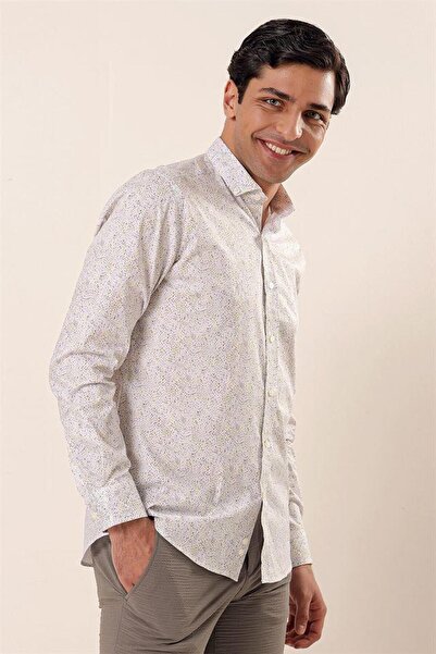 İmza Sarı Uzun Kollu Baskılı Cepsiz Pamuklu Likralı Casual Slim Fit Dar Kesim Gömlek 1004230136