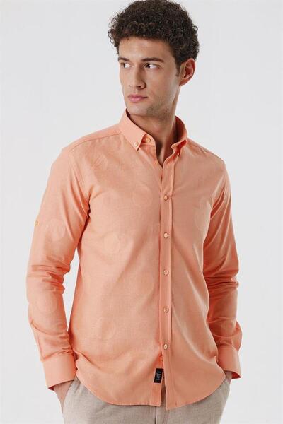 İmza Πουκάμισο με κοντό μανίκι σολομό, με σχέδιο ζακάρ, χωρίς τσέπες, 100% βαμβάκι, casual slim fit πουκάμισο 1004230183