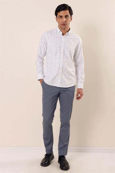 İmza Λευκό μακρυμάνικο εμπριμέ Oxford χωρίς τσέπες βαμβακερό κλασικό πουκάμισο με λεπτή εφαρμογή 1004230170