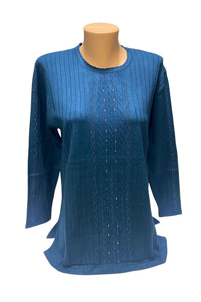 BURSPA Pulover de iarnă pentru mama cu gât rotund în față și în braț cu detaliu de broderie din piatră perlă