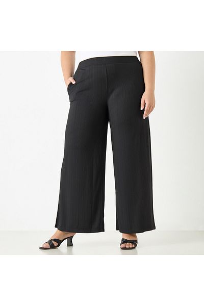 Ulla Popken Plus Size Ulla Popken Textured Wide Leg Pants with Pockets