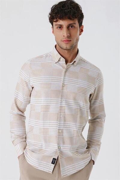 İmza Camel μακρυμάνικο ριγέ πουκάμισο χωρίς τσέπες 100% βαμβακερό κλασικό πουκάμισο με λεπτή εφαρμογή 1004230164