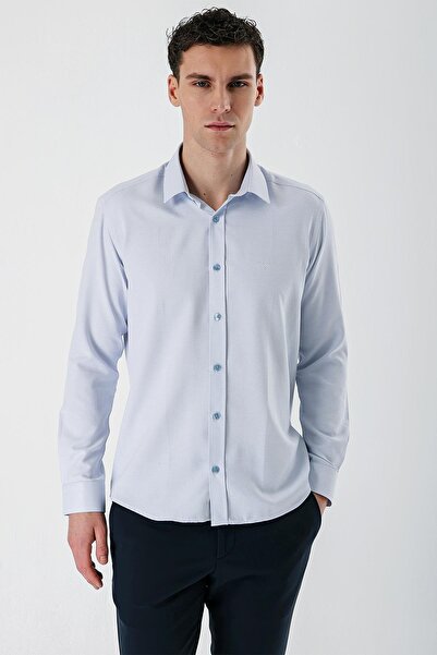 İmza Σκούρο μπλε μακρυμάνικο μοτίβο Dobby σκληρό γιακά χωρίς τσέπη Βαμβακερό πουκάμισο με λεπτή εφαρμογή 1004235171