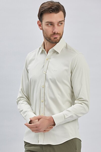 İmza Μακρυμάνικο σκληρό γιακά χωρίς τσέπη Βαμβακερό Lycra Slim Fit πουκάμισο - Σκούρο Κρεμ 1004240234