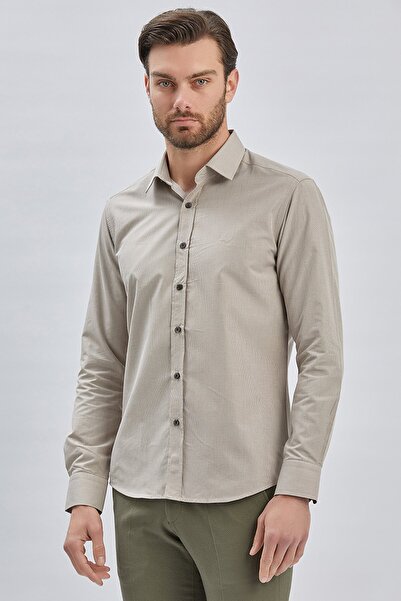 İmza Βαμβακερό πουκάμισο με σκληρό γιακά Camel χωρίς τσέπη - Μακρυμάνικο, υφασμάτινο πόδι - 1004240230