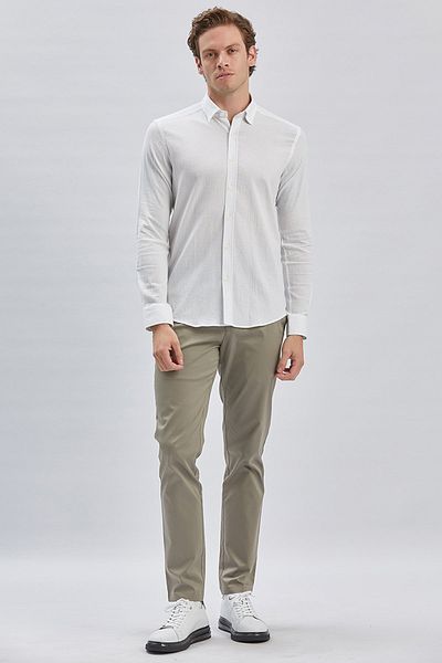 İmza Λευκό βαμβακερό Lycra Casual Slim Fit πουκάμισο - Μακρυμάνικο, Μονό γιακά, Piping 1004240232