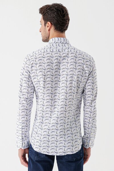 İmza Λευκό μακρυμάνικο εμπριμέ υφασμάτινο κλασικό πουκάμισο με λεπτή εφαρμογή με γαρνιτούρα χωρίς τσέπη 1004230228