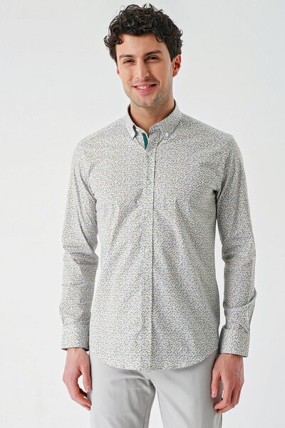 İmza Λευκό μακρυμάνικο εμπριμέ γιακά με κουμπιά χωρίς τσέπη Βαμβακερό Lycra Slim Fit πουκάμισο 1004240141