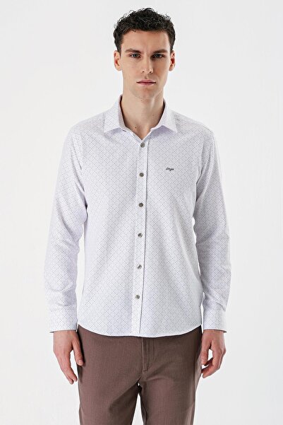 İmza Біла сорочка з довгими рукавами, принтом, жорстким коміром, без кишень, з бавовняної тканини, облягаючого крою, вузького крою 1004235169