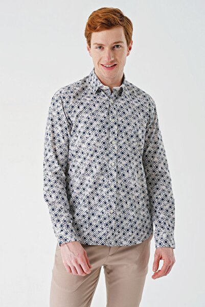 İmza Відкрита бежева бавовняна сорочка Slim Fit - з довгими рукавами, принтом та коміром 1004240211