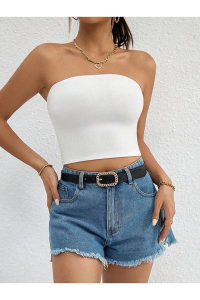 Lux Collection Olyssia - Stretchy Ribbed Knitted Camisole Strapless Women's Bustier Crop Blouse