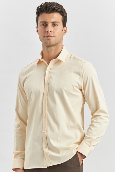 İmza Light Beige Hard Collar Slim Fit Shirt - Long Sleeve, Plain Cloth1004240334