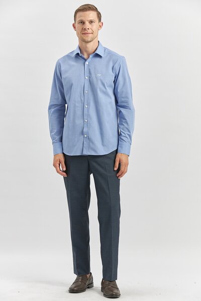 İmza Mavi Uzun Kol Düz Filafil Sert Yaka Cepsiz Pamuklu Classic Slim Fit Gömlek 1004240913