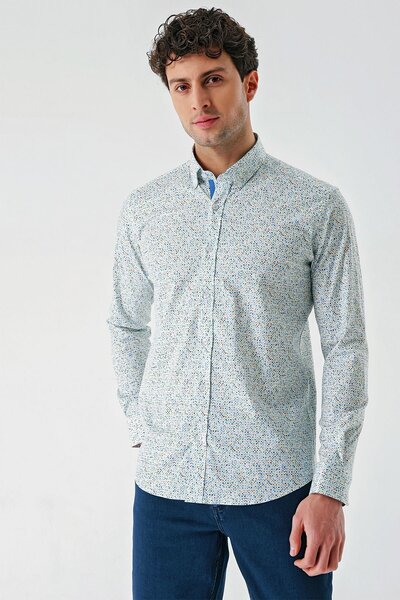 İmza Λευκό μακρυμάνικο εμπριμέ σκληρό γιακά χωρίς τσέπη Βαμβακερό Lycra Classic Slim Fit πουκάμισο 1004240143