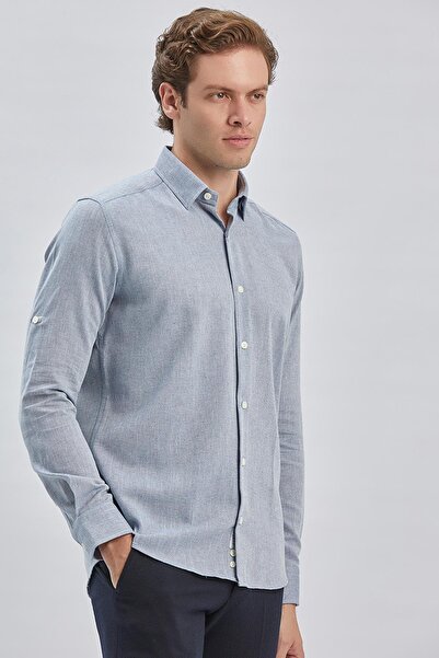 İmza Темно-синя сорочка з довгими рукавами, з власним візерунком, з напівіталійським коміром, класичного крою, 1004240250