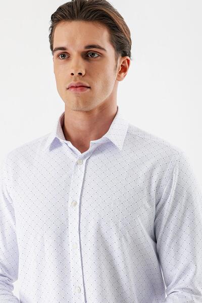 İmza Λευκό μακρυμάνικο εμπριμέ υφασμάτινο πόδι με σκληρό γιακά χωρίς τσέπη Βαμβακερό πουκάμισο με λεπτή εφαρμογή 1004235169