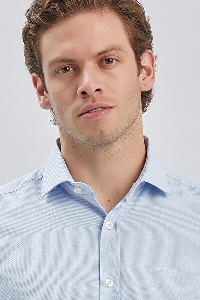 İmza Mavi Uzun Kol Kendinden Desenli Armürlü Yarım İtalyan Yaka Classic Slim Fit Gömlek 1004240250