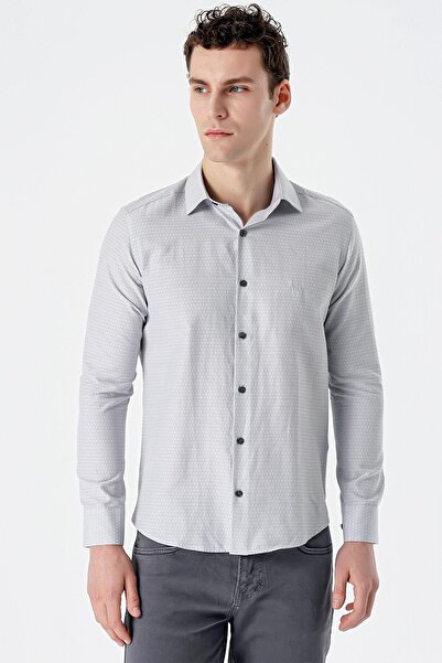İmza Сіра сорочка з довгими рукавами, візерунком, жорстким коміром, без кишень, з бавовняної тканини, облягаючого крою, 1004235168