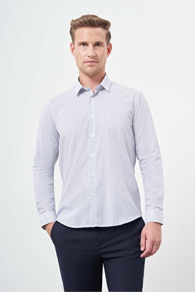 İmza Оксфордска памучна риза с твърда яка, с бели ивици - тясна кройка, дълъг...