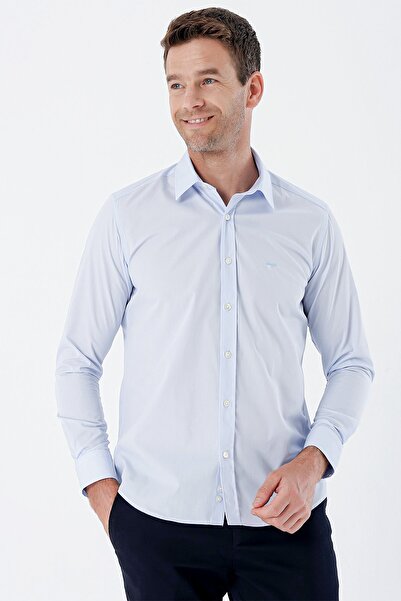 İmza Темно-синя сорочка з довгими рукавами, жорстким коміром, без кишень, бавовняна, базова, облягаюча, вузького крою 1004235357