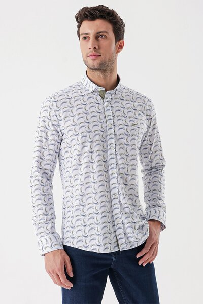 İmza Λευκό μακρυμάνικο εμπριμέ υφασμάτινο κλασικό πουκάμισο με λεπτή εφαρμογή με γαρνιτούρα χωρίς τσέπη 1004230228