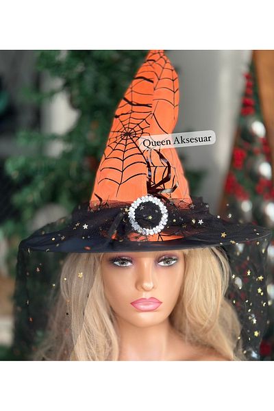 QUEEN AKSESUAR Imported luxury brooch lace Gauzy witch hat halloween hat black orange spider web pattern