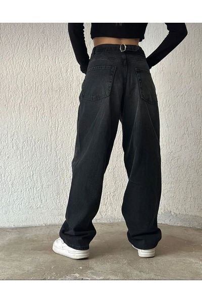 BROWSER Women's Black High Waist Belt Detailed Wide Leg Comfortable Fit Baggy Pants