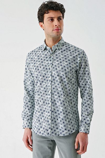 İmza Βαμβακερό πουκάμισο Aqua Green Slim Fit - Μακρυμάνικο, εμπριμέ γαρνιρισμένο 1004240211