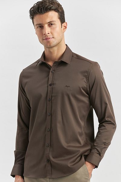 İmza Πουκάμισο σκούρο καφέ Classic Slim Fit - Μακρυμάνικο, Μασίφ ύφασμα, Σκληρός Γιακάς 1004240334