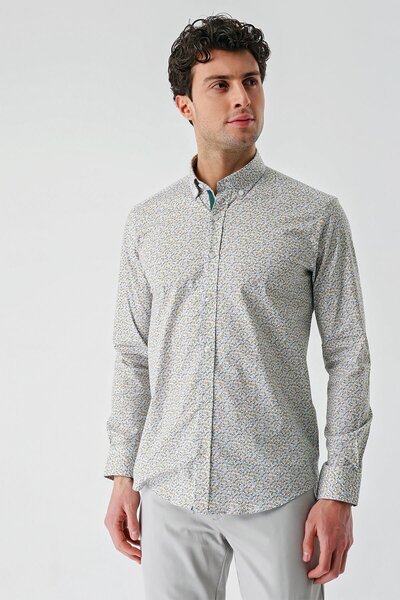 İmza Λευκό μακρυμάνικο εμπριμέ γιακά με κουμπιά χωρίς τσέπη Βαμβακερό Lycra Slim Fit πουκάμισο 1004240141