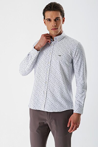 İmza Біла сорочка з довгими рукавами, принтом, ґудзиками на комірі, без кишень, бавовняна, slim fit, 1004235170
