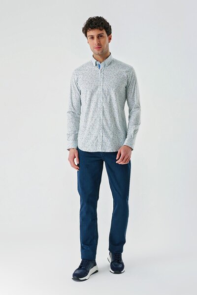 İmza Λευκό μακρυμάνικο εμπριμέ σκληρό γιακά χωρίς τσέπη Βαμβακερό Lycra Classic Slim Fit πουκάμισο 1004240143