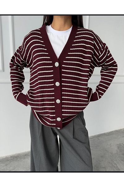 BE CHİC Women's Striped V-Neck Buttoned Long Oversize Cardigan Mw3401