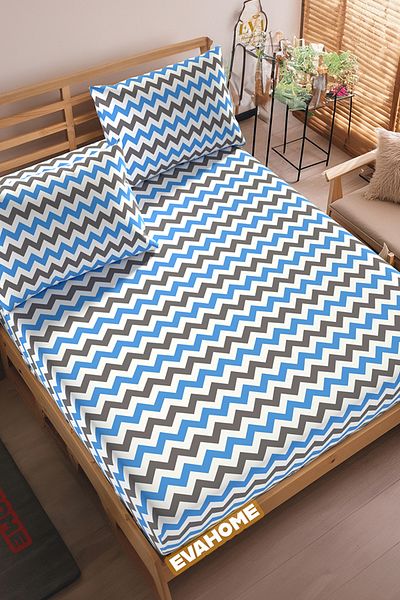 Lorien Ranforce Fabric Blue Zigzag Pattern - Elastic Sheet Set, Single/Double/Large Size