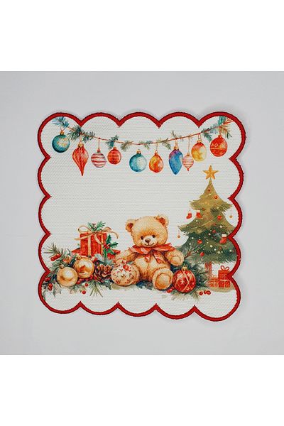 DECO New Year's Concept Teddy Bear Patterned Red Embroidered Cocktail Napkin