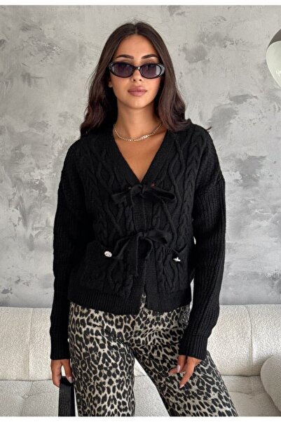 owiç Women's Off-Shoulder V-Neck Lace-Up Pocket Knitwear Cardigan