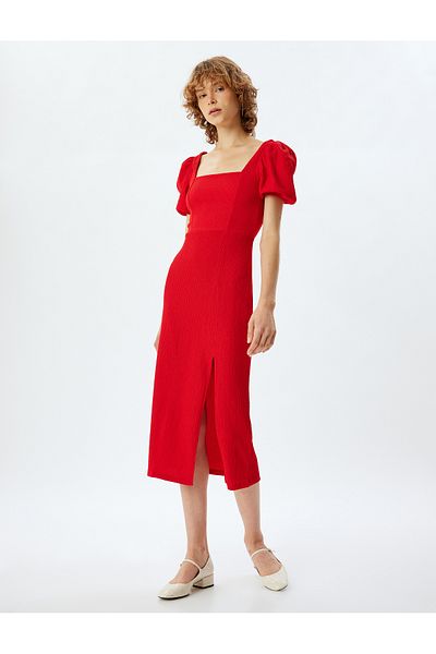 Koton Midi Bodycon Dress - Balloon Sleeve, Square Collar and Back Lace-Up