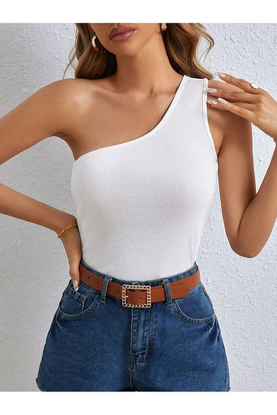 Liona Asymmetric Collar Single Shoulder Strap White Color Patternless Sleeveless Ribbed Lycra Fit Blouse