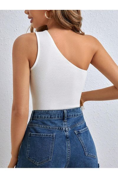 Liona Asymmetric Collar Single Shoulder Strap White Color Patternless Sleeveless Ribbed Lycra Fit Blouse