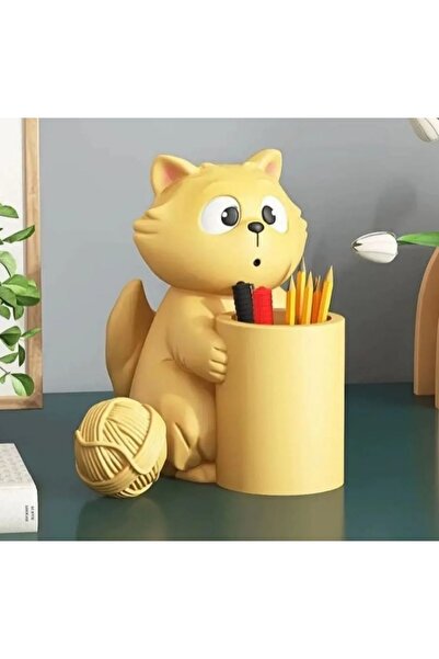 TAŞDEVRİLIFE Sarı Sevimli Şaşkın Kedicik Dekoratif Masa Üstü Kalemlik, Makyaj Fırçalığı, Düzenleyici