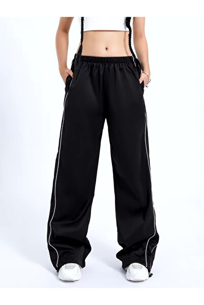 DENOKMODA Siyah Oversize Çift Biyeli Şeritli Eşofman Altı